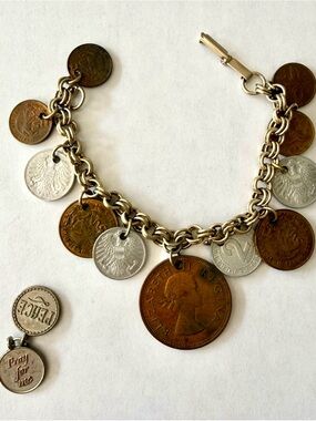 Vintage 50s-60s International Coin Charm Bracelet with 2 FREEBIES